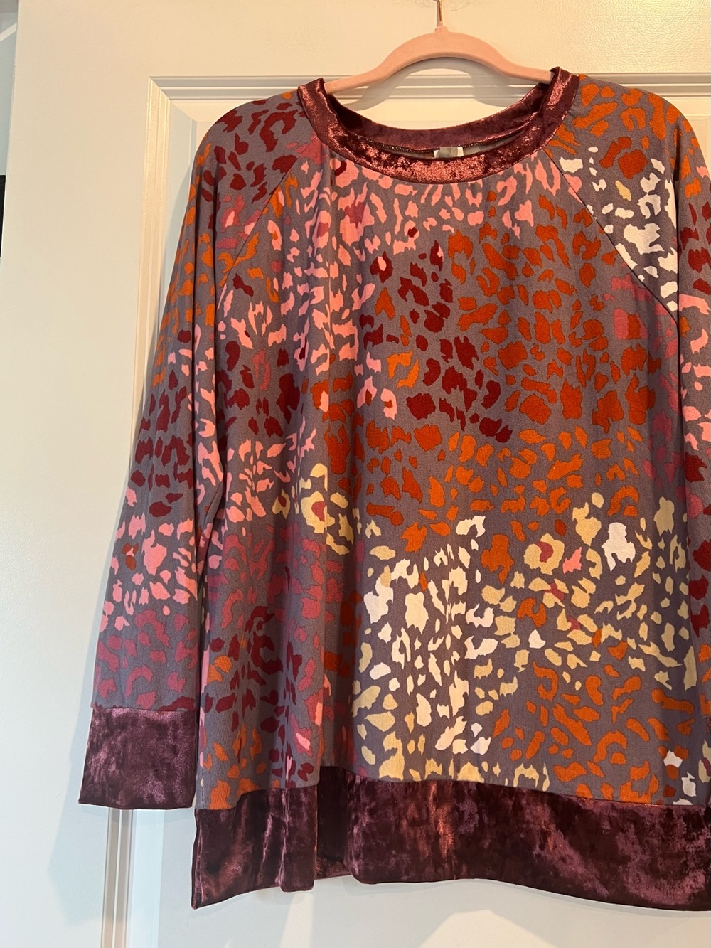 Honeyme Multi-Color Abstract Print Velvet-Trim Knit Top